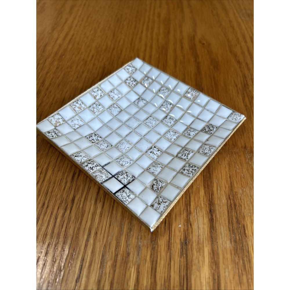 Vintage MCM Mosaic Tile Tray White Gold Foil Square Trinket Dish Vanity Catchall